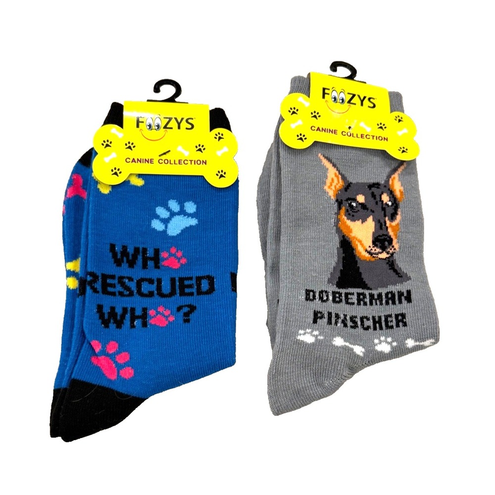 Foozys Women's Crew Sock 2 Pack: Doberman Pinscher/Rescue; Women's Size 9-11